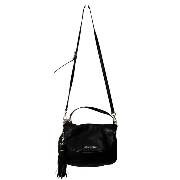 Michael Kors Bedford Flap Tassel Black Pebbled Leather Shoulder Bag Purse - Picture 2 of 16